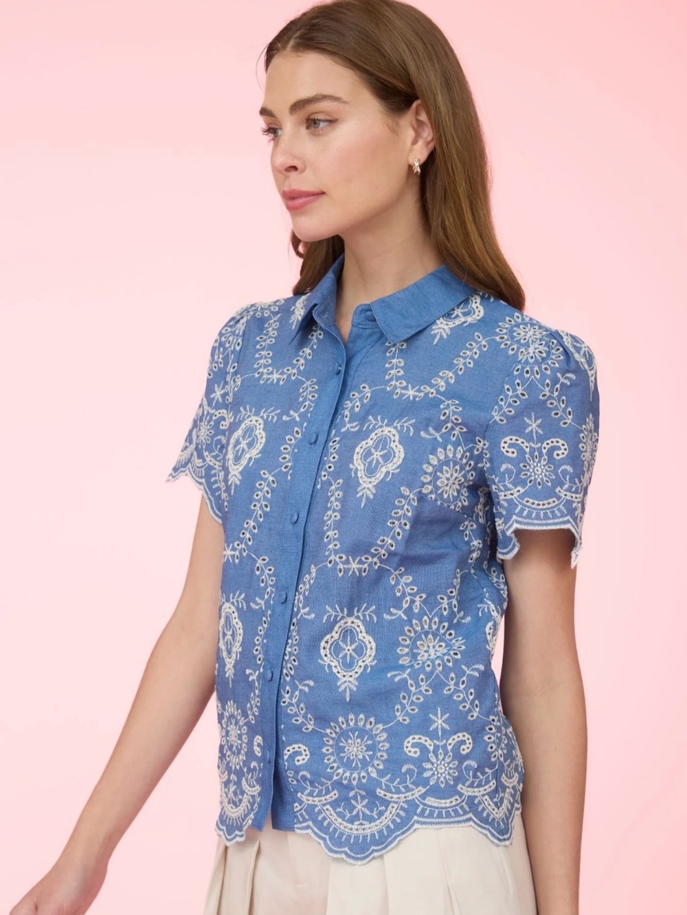 ZOE AND CLAIRE Women's Embroidered Eyelet Cotton Button-Up Top